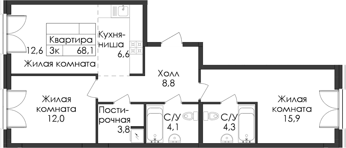 2-комнатная квартира 68.1 м², 6/9 эт., ЖК «Лермонтовский 54»